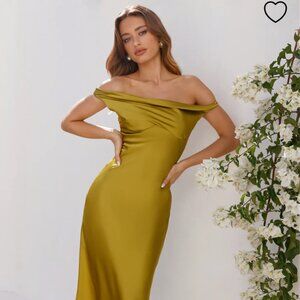 XS Olive Green Off Shoulder Satin Midi Dress - Holly Molly - NWT